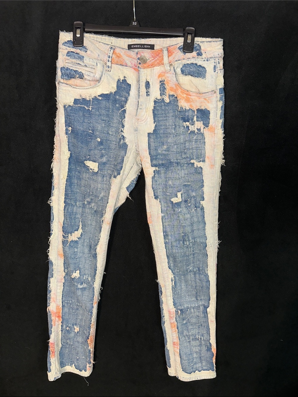 Embellish White & Blue Distressed Straight Jeans with Orange Wash